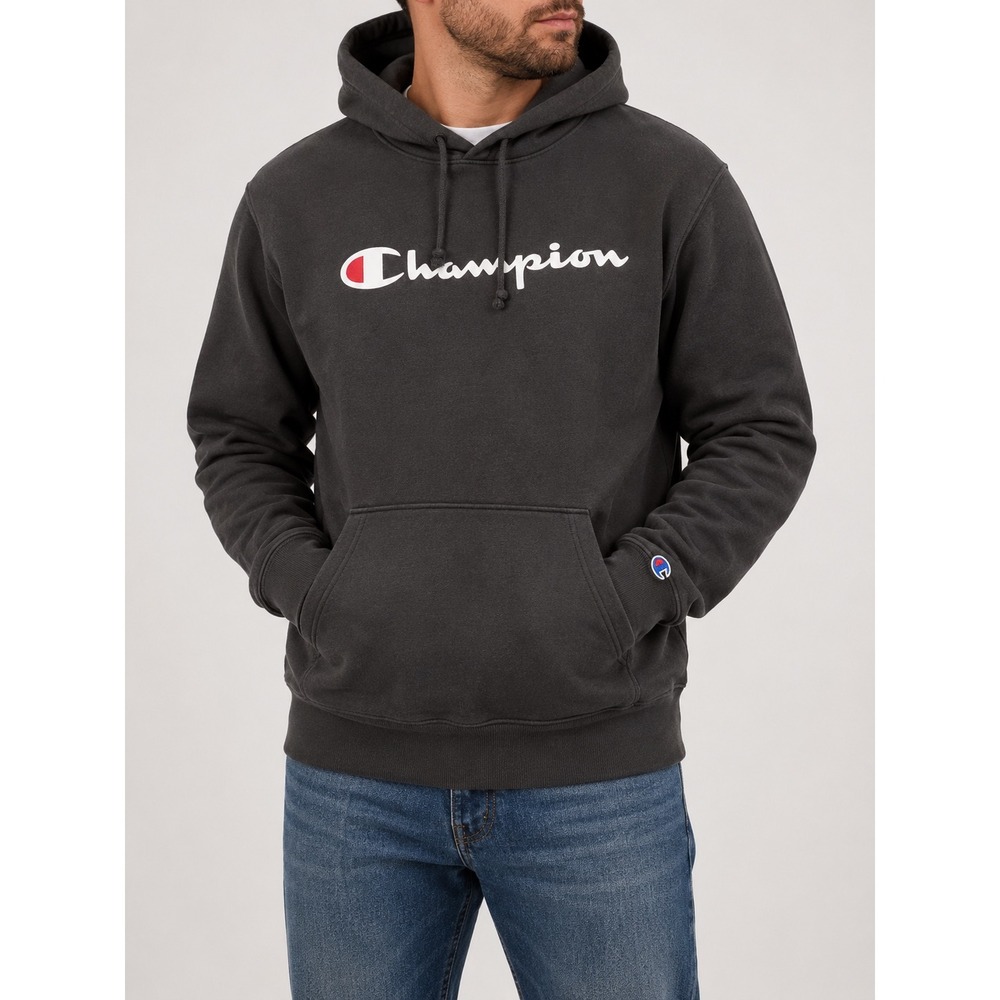 Champion Mens Script Logo Hoodie Black Pullover Sweatshirt XL Authentic Athletic